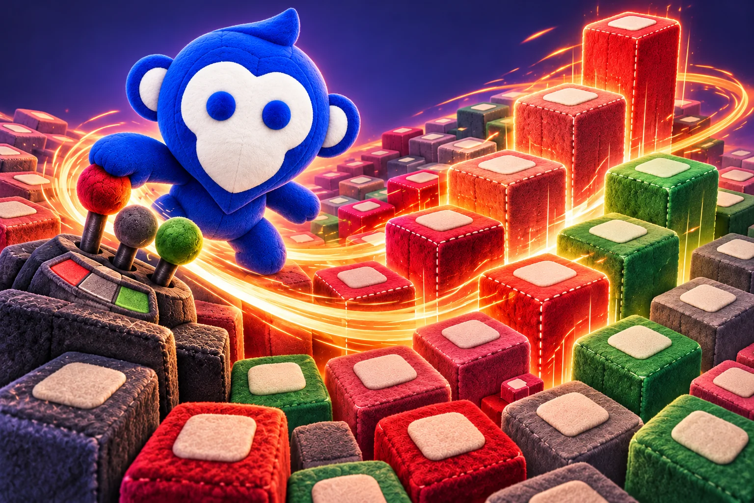 Ape Pin using colourful controls as glowing plush stock blocks rise and change height