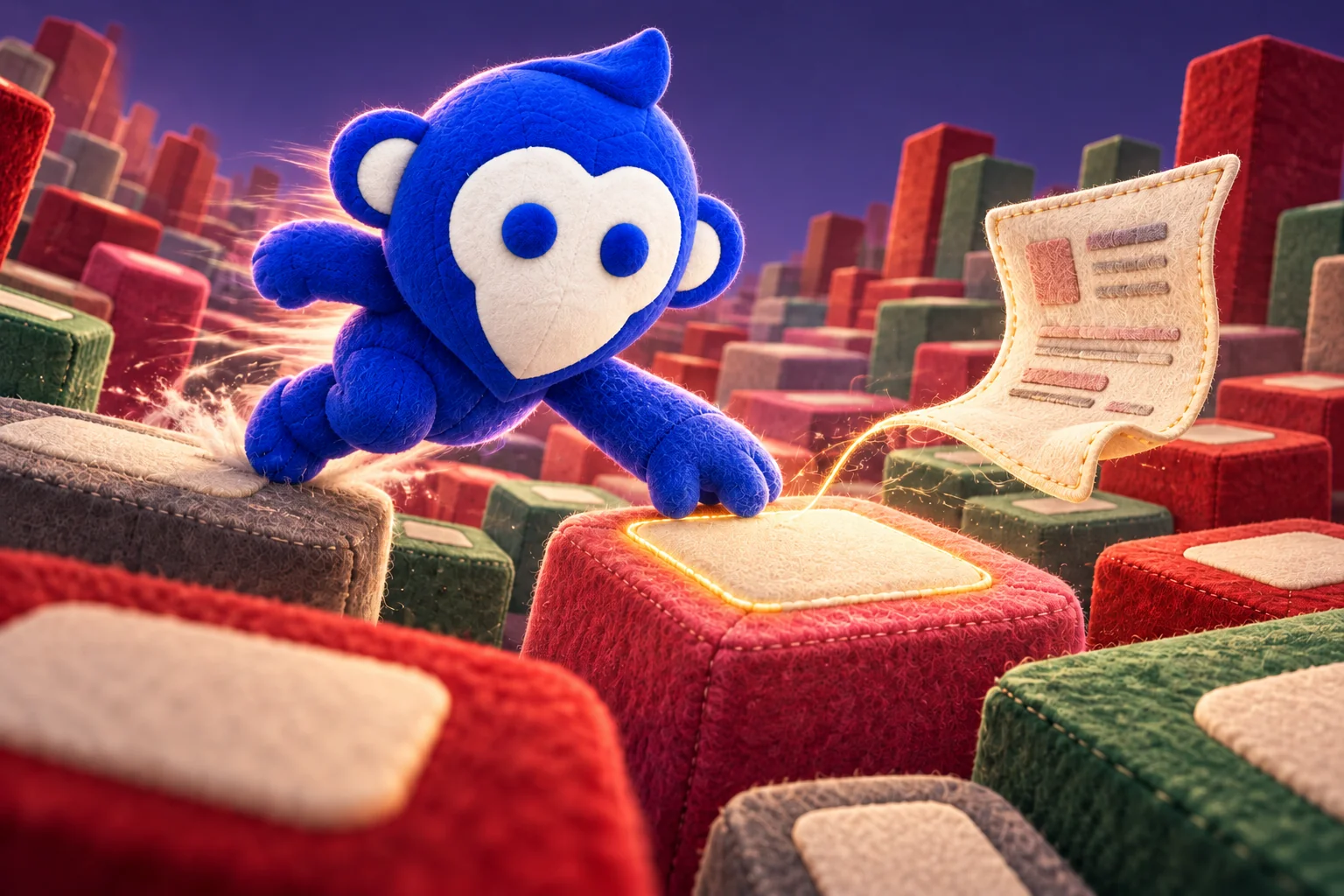 Ape Pin reaching towards a glowing stock block as a floating information card appears