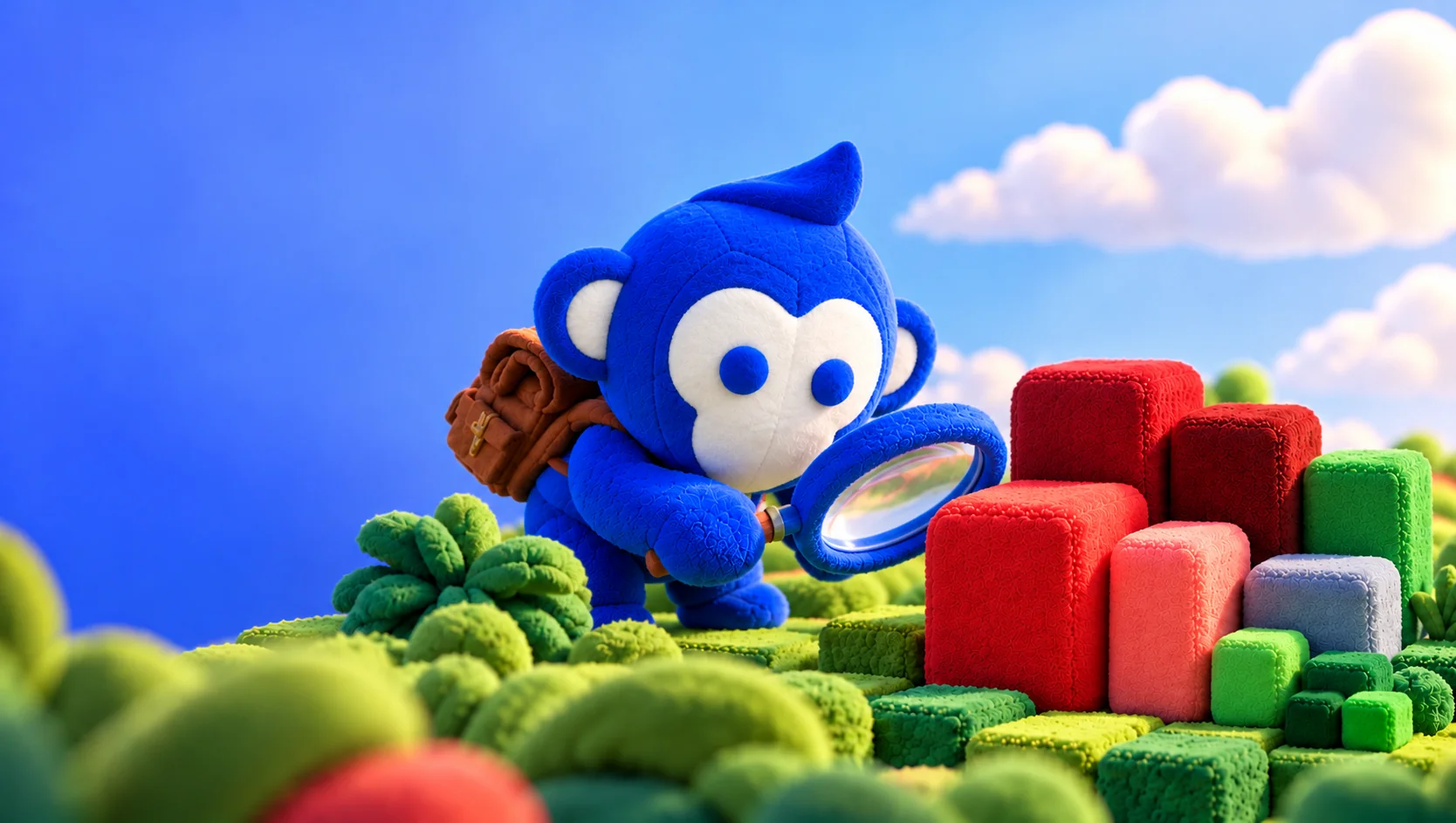 Blue plush Ape Pin exploring colourful market blocks with a magnifying glass