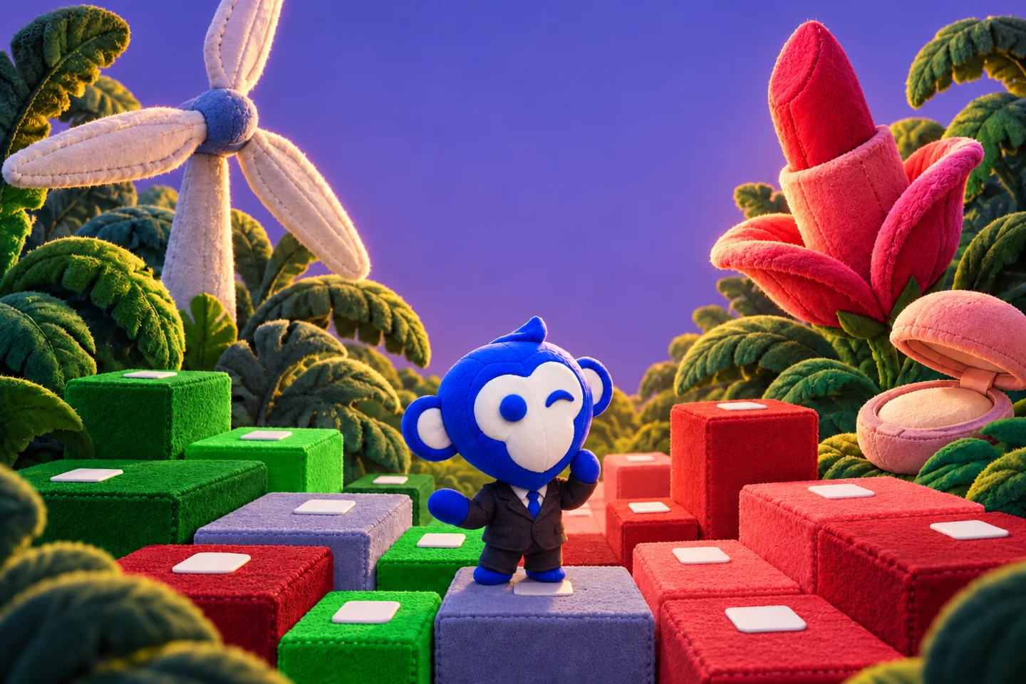 Winking plush Ape Pin in a suit among market blocks, a wind turbine and makeup-inspired jungle plants