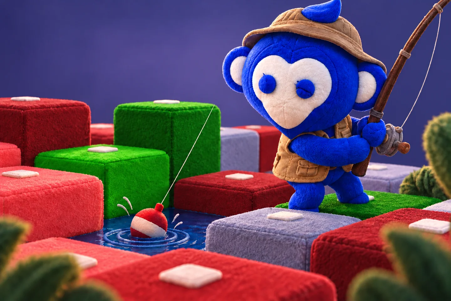 Plush Ape Pin fishing beside a moving float among colourful stock market blocks