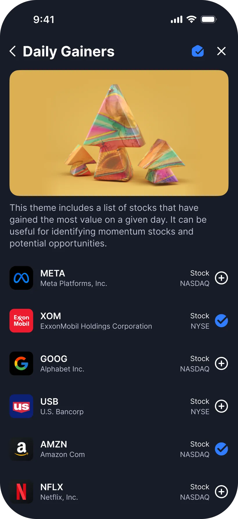 Actual Ape Maps mobile Daily Gainers thematic map screen with stock list
