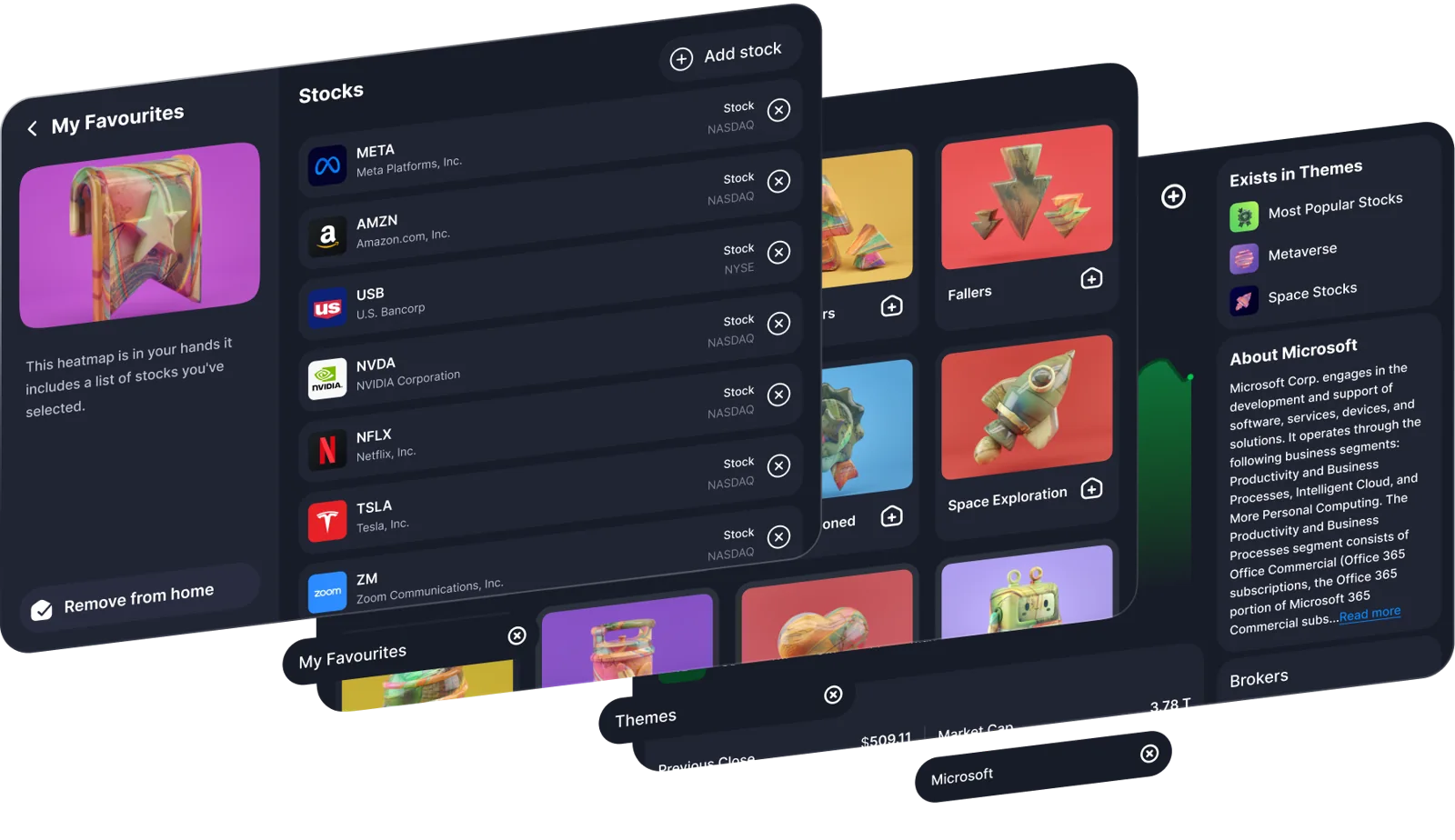 Actual Ape Maps Meta Quest XR interface showing favourites, stock lists and theme cards