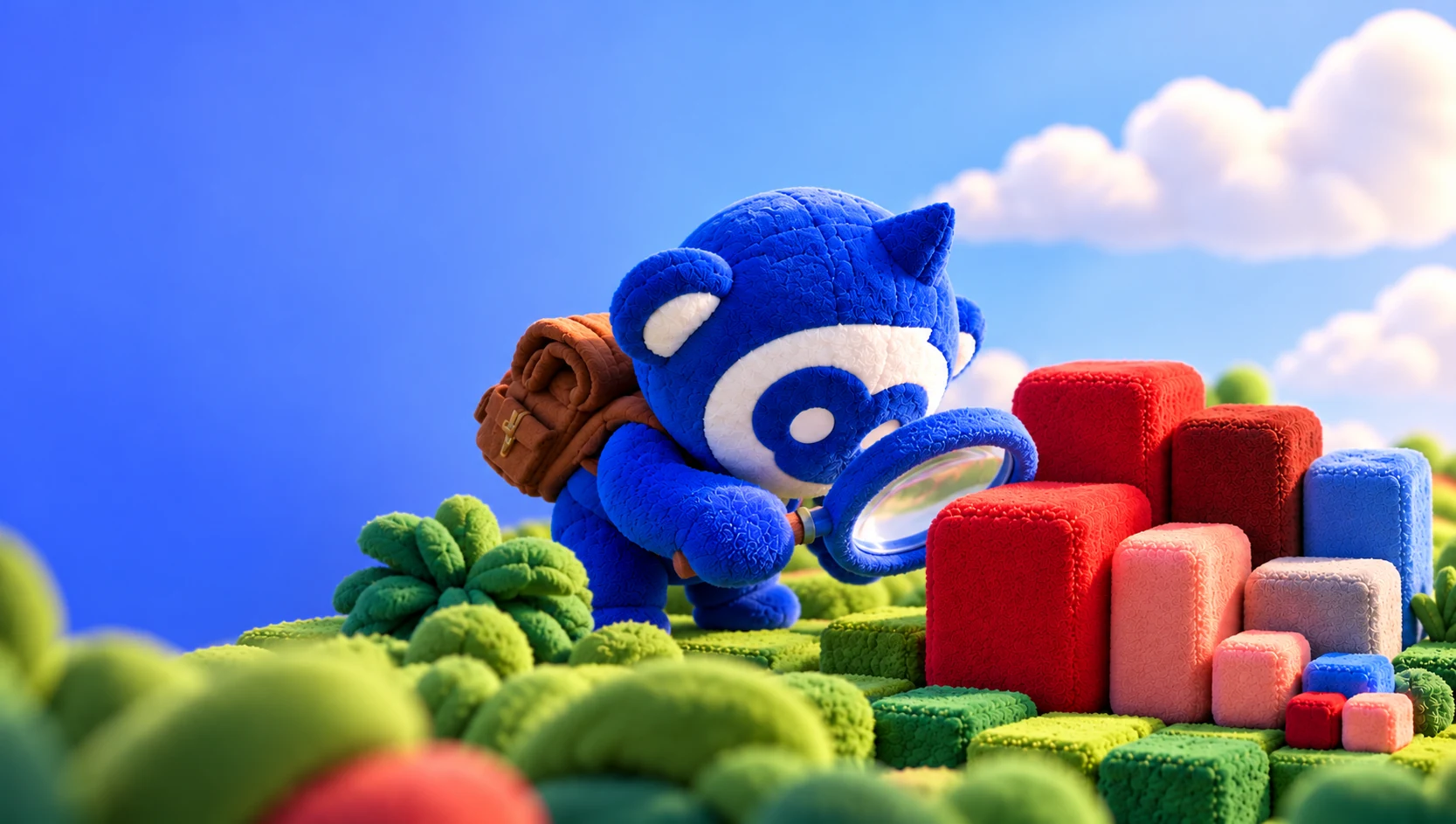 Blue Ape-Pin explorer investigating a 3D market landscape in a lush plush environment